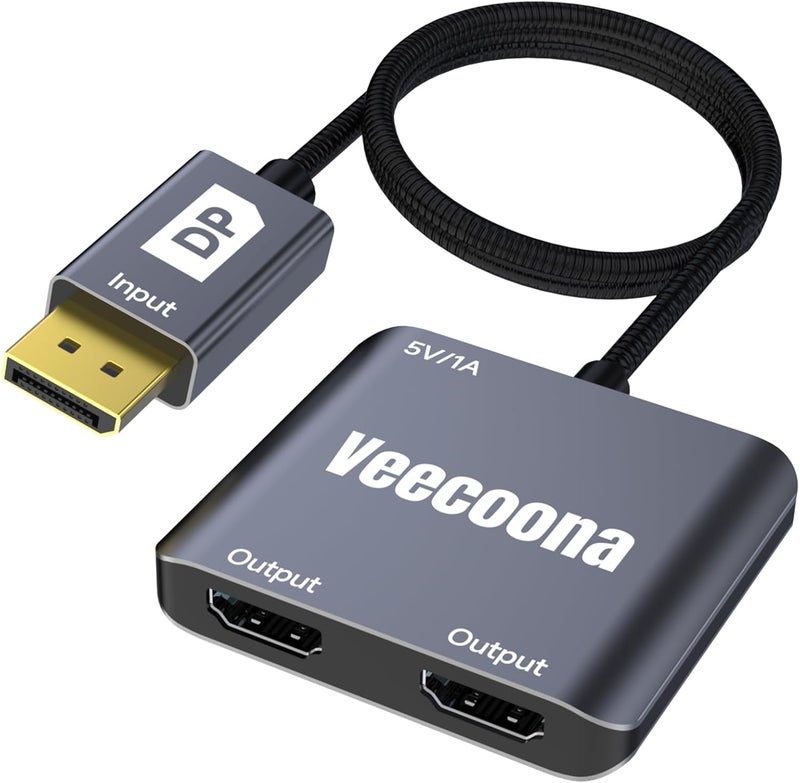 Veecoona DisplayPort to Dual HDMI Adapter 1 in 2 Out | 4K60Hz, DP Source to HDMI Splitter Extended Display port splitter for Dual monitors, for Desktop,Laptop,NVIDIA, AMD Graphics Card - MACOS Not Support MST - Image 1